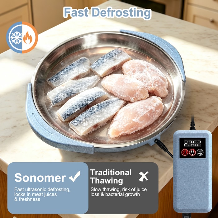 Frozen fish fillets and chicken breasts defrosting evenly in the stainless tub